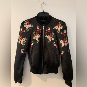 Bebe Black Bomber Jacket with Floral Embroidery